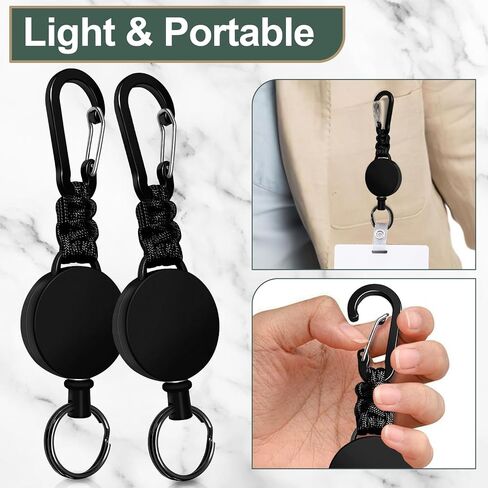 Retractable Keychain 2 Pack Heavy Duty Carabiner Badge Holder, Tactical ID Badge Reel Retractable Key Ring with 60 cm Steel Extendable Cord and Paracord (Black + Green) in Saudi Arabia