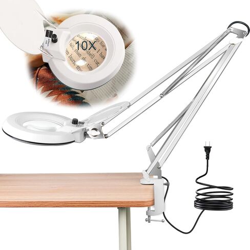 10X Magnifying Glass with Light and Stand,LED Dimmable Lighted Desk Lamp with Clamp,Magnifier Hands Free-Adjustable Stainless Steel Bracket,for Crafts Hobbies Reading Painting Sewing Close Work in Kuwait