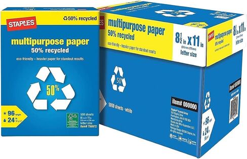 Staples 620014 100 ٪ معاد تدويرها 8.5 بوصة × 11 بوصة ورقة النسخ 20 رطل 92B 500/RM 10 RM/CT in Saudi Arabia