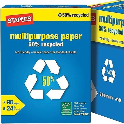 Staples 620014 100 ٪ معاد تدويرها 8.5 بوصة × 11 بوصة ورقة النسخ 20 رطل 92B 500/RM 10 RM/CT in Saudi Arabia
