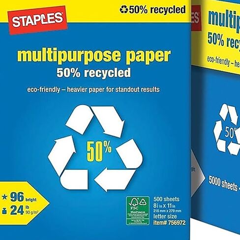 Staples 620014 100 ٪ معاد تدويرها 8.5 بوصة × 11 بوصة ورقة النسخ 20 رطل 92B 500/RM 10 RM/CT in Saudi Arabia