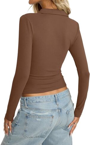 Womens Cotton Polo Collared Shirt Long Sleeve Sexy Deep V Neck Top Button Up Slim Fitted Tee Business Casual Outfit in Saudi Arabia