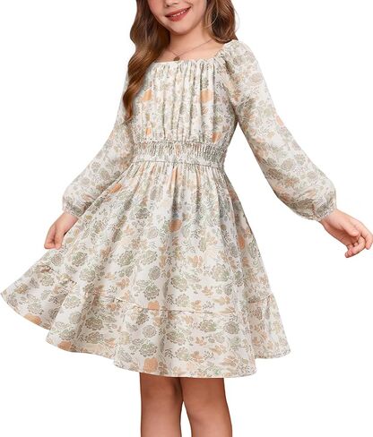 GRACE KARIN Girls Fall Dress Floral Long Sleeve Midi with Smocked Waist for Holiday Party 6-14Y in Kuwait