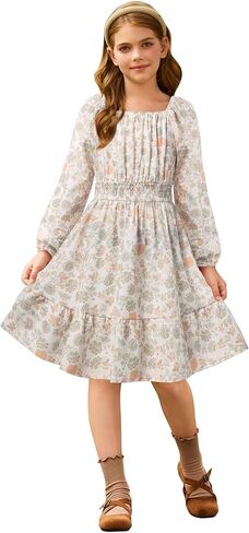 GRACE KARIN Girls Fall Dress Floral Long Sleeve Midi with Smocked Waist for Holiday Party 6-14Y in Kuwait
