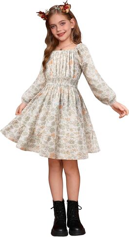 GRACE KARIN Girls Fall Dress Floral Long Sleeve Midi with Smocked Waist for Holiday Party 6-14Y in Kuwait