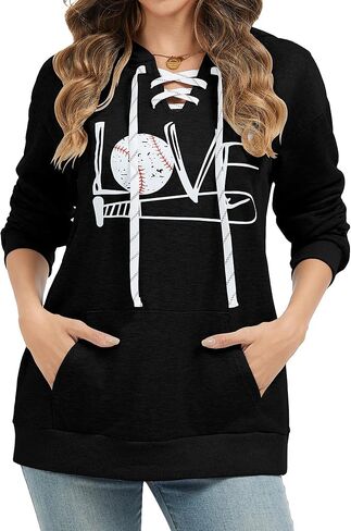 Hoodies النسائية للبيسبول للسيدات طويلة الأكمام الدانتيل لأعلى رقبة الحب طباعة غير رسمية للبلوزات الرياضية الرياضية مع الجيوب in Saudi Arabia