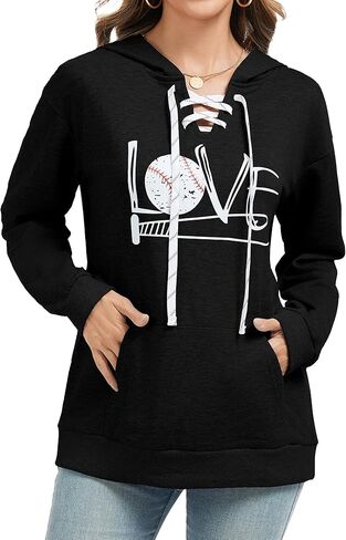 Hoodies النسائية للبيسبول للسيدات طويلة الأكمام الدانتيل لأعلى رقبة الحب طباعة غير رسمية للبلوزات الرياضية الرياضية مع الجيوب in Saudi Arabia