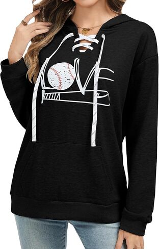 Hoodies النسائية للبيسبول للسيدات طويلة الأكمام الدانتيل لأعلى رقبة الحب طباعة غير رسمية للبلوزات الرياضية الرياضية مع الجيوب in Saudi Arabia