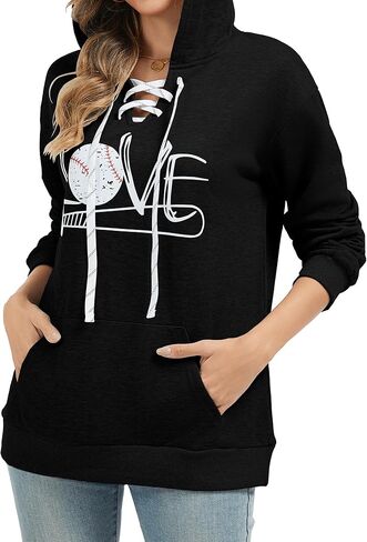 Hoodies النسائية للبيسبول للسيدات طويلة الأكمام الدانتيل لأعلى رقبة الحب طباعة غير رسمية للبلوزات الرياضية الرياضية مع الجيوب in Saudi Arabia