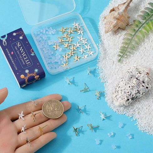 SUNNYCLUE 1 Box 50Pcs Stud Earring Findings Star Ear Post with Loops 20Pcs Silver Golden Ear Studs with 30Pcs Plastic Nuts Post Earrings for Jewelry Making Accessories DIY Crafts Women Adult Supplies in Saudi Arabia