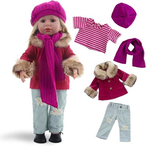 مجموعة ملابس الدمية مجموعة 5-PC الموضة الخردل مجموعة معطف الشتاء تشمل معطف دافئ ، قميص ، جينز ، قبعة متماسكة صفراء ووشاح متماسكة ، ملابس ملابس غير رسمية تناسب 18 بوصة دمى الفتيات الأمريكيات in Kuwait