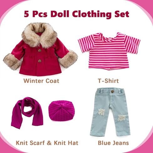 مجموعة ملابس الدمية مجموعة 5-PC الموضة الخردل مجموعة معطف الشتاء تشمل معطف دافئ ، قميص ، جينز ، قبعة متماسكة صفراء ووشاح متماسكة ، ملابس ملابس غير رسمية تناسب 18 بوصة دمى الفتيات الأمريكيات in Kuwait