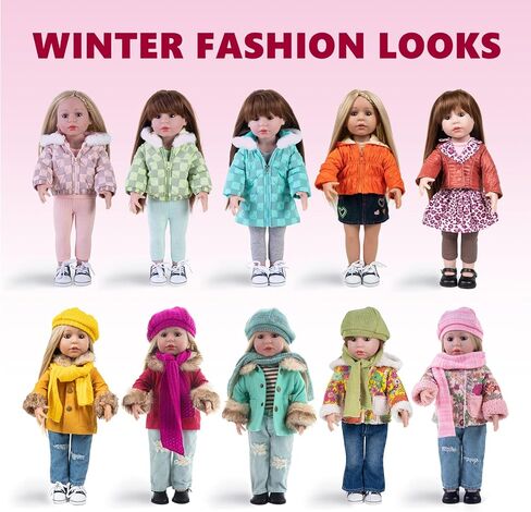 مجموعة ملابس الدمية مجموعة 5-PC الموضة الخردل مجموعة معطف الشتاء تشمل معطف دافئ ، قميص ، جينز ، قبعة متماسكة صفراء ووشاح متماسكة ، ملابس ملابس غير رسمية تناسب 18 بوصة دمى الفتيات الأمريكيات in Kuwait