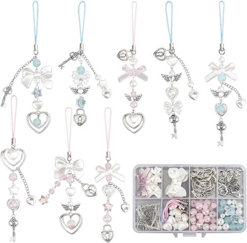 Sunnyclue 1 Box DIY 189pcs 8 مجموعات سحر الهاتف صنع مجموعة Cherry Charms Bulk Bowknot Round Round Deritation Pearl Leaf Beads for Phone Decor Straps Strap in Saudi Arabia