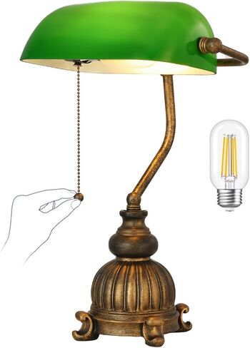 Newrays Traditional Green Glass Bankers Desk Lamp with Pull Chain Switch Plug in Fixture,LED Bulb Included in Kuwait