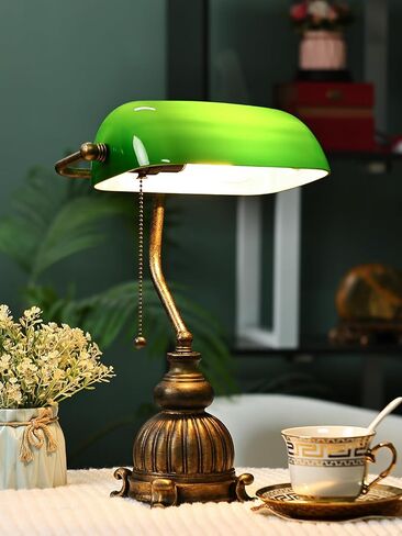 Newrays Traditional Green Glass Bankers Desk Lamp with Pull Chain Switch Plug in Fixture,LED Bulb Included in Kuwait