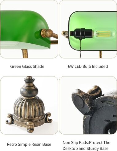 Newrays Traditional Green Glass Bankers Desk Lamp with Pull Chain Switch Plug in Fixture,LED Bulb Included in Kuwait