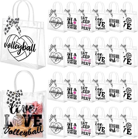Vicenpal 12 Sets Clear Volleyball Gift Bag with Handles 12 Pcs Bows PVC Plastic Volleyball Treat Goodie Snack Bags 7.9 x 7.9 x 3.1'' Sport Theme Party Favors for Birthday Holiday Sports Team Gifts in Saudi Arabia