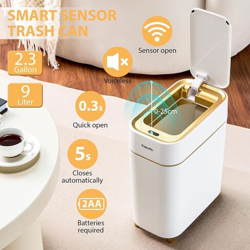 PUKOMC 2.3 غالون / 9L CAN ADSERPTION SESSOR CAN ، سلة استشعار حركة الذهب الأبيض مع شفط الفراغ ، تصميم عصري نحيف للمطبخ ، الحمام ، المكتب والمساحة الصغيرة in Kuwait