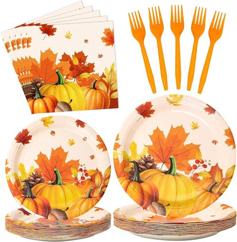 96Pcs Fall Thanksgiving Plates and Napkins Sets, Rustic Pumpkin Maple Leaf Fall Decor, Disposable Autumn Thanksgiving Paper Dinnerware for Harvest Party Decorations, Serves 24 Guests in Kuwait