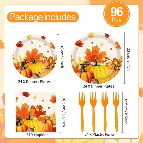 96Pcs Fall Thanksgiving Plates and Napkins Sets, Rustic Pumpkin Maple Leaf Fall Decor, Disposable Autumn Thanksgiving Paper Dinnerware for Harvest Party Decorations, Serves 24 Guests in Kuwait