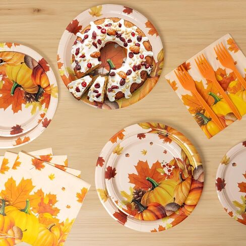96Pcs Fall Thanksgiving Plates and Napkins Sets, Rustic Pumpkin Maple Leaf Fall Decor, Disposable Autumn Thanksgiving Paper Dinnerware for Harvest Party Decorations, Serves 24 Guests in Kuwait
