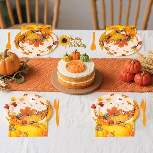96Pcs Fall Thanksgiving Plates and Napkins Sets, Rustic Pumpkin Maple Leaf Fall Decor, Disposable Autumn Thanksgiving Paper Dinnerware for Harvest Party Decorations, Serves 24 Guests in Kuwait