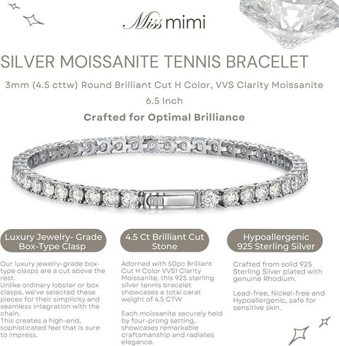 2-10 CT Moissanite 925 Sterling Silver Tennis Bracelet للنساء والرجال ، 2 مم إلى 4 مم ، سوار الأبدية القابلة للتكديس للجنسين مع قفل آمن ، مختبر تم إنشاؤه بديل الماس ، 6.5 و 7.25 بوصة in Kuwait