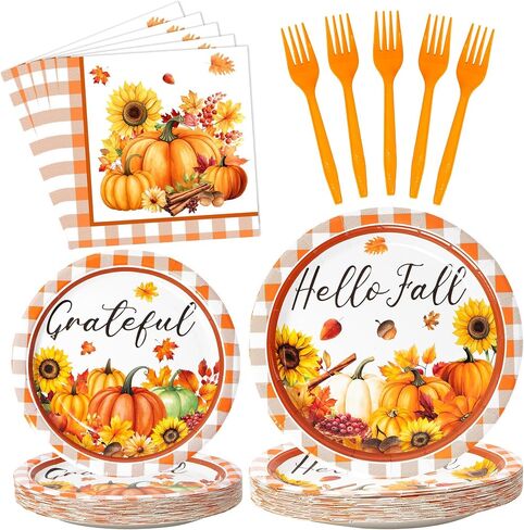 96Pcs Fall Thanksgiving Plates and Napkins Sets, Rustic Pumpkin Maple Leaf Fall Decor, Disposable Autumn Thanksgiving Paper Dinnerware for Harvest Party Decorations, Serves 24 Guests in Kuwait