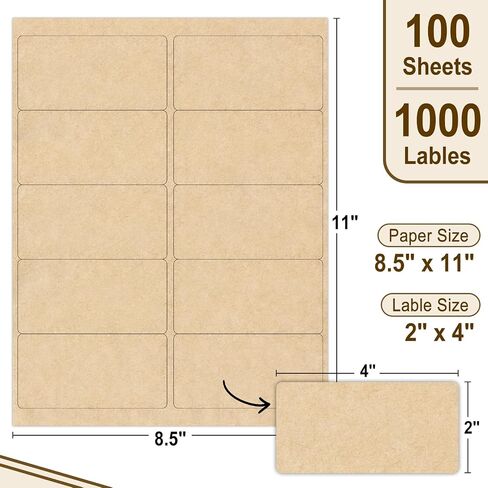 Naturalabel 30 Sheets ملصقات ملصقات Kraft القابلة للطباعة لطابعات الليزر والحبر ، 2 "× 4" - 10 لكل صفحة ، Matte (300 عدد) in Kuwait