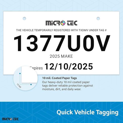 علامات لوحة ترخيص الورق المؤقتة Micro TEC لتجار السيارات - ورقة مغلفة 10 مل - ورق مغلفة - فارغة بلغة 11 "× 6" علامات مركبة مؤقتة لتجار السيارات ، وقطعة السيارات المستعملة - حزمة 100 in Kuwait