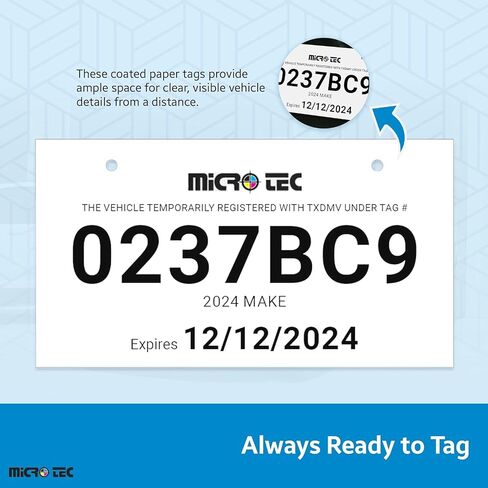 علامات لوحة ترخيص الورق المؤقتة Micro TEC لتجار السيارات - ورقة مغلفة 10 مل - ورق مغلفة - فارغة بلغة 11 "× 6" علامات مركبة مؤقتة لتجار السيارات ، وقطعة السيارات المستعملة - حزمة 100 in Kuwait