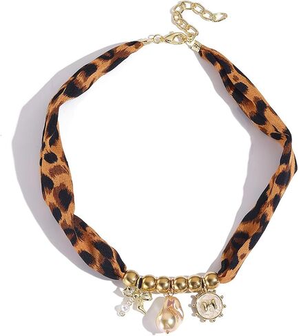 Scarf Necklace with Charm for Women Leopard Scarf Charm Necklace Vintage Bow Heart Cross Leopard Necklaces Boho Layered Pearl Coin Necklaces Summer Jewelry Gift in Saudi Arabia