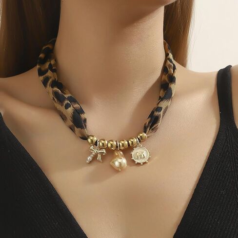 Scarf Necklace with Charm for Women Leopard Scarf Charm Necklace Vintage Bow Heart Cross Leopard Necklaces Boho Layered Pearl Coin Necklaces Summer Jewelry Gift in Saudi Arabia