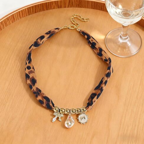Scarf Necklace with Charm for Women Leopard Scarf Charm Necklace Vintage Bow Heart Cross Leopard Necklaces Boho Layered Pearl Coin Necklaces Summer Jewelry Gift in Saudi Arabia