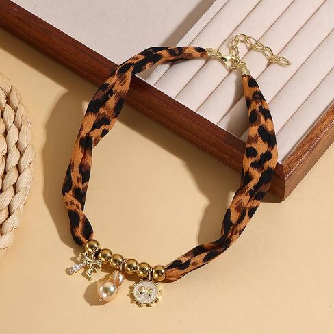 Scarf Necklace with Charm for Women Leopard Scarf Charm Necklace Vintage Bow Heart Cross Leopard Necklaces Boho Layered Pearl Coin Necklaces Summer Jewelry Gift in Saudi Arabia