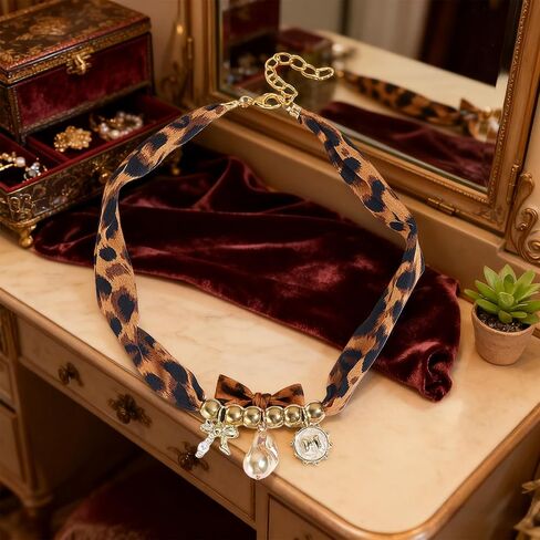 Scarf Necklace with Charm for Women Leopard Scarf Charm Necklace Vintage Bow Heart Cross Leopard Necklaces Boho Layered Pearl Coin Necklaces Summer Jewelry Gift in Saudi Arabia