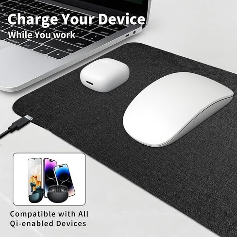 وسادة الماوس اللاسلكية السريعة 15W ، لوحة مكتب مكتب مع قاعدة مطاطية غير قابلة للانزلاق فائقة الانزلاق ، موسباد مقاوم للماء لأجهزة الكمبيوتر/المكتب/العمل/المنزل/وسادة iPhone Samsung (أسود) in Kuwait