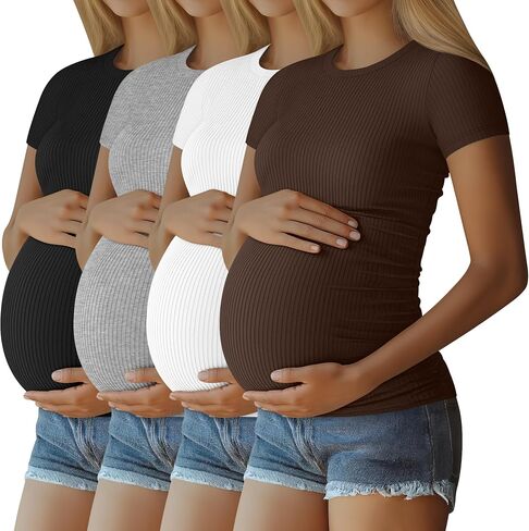 Neer 4 Pack Women's Maternity Cotton T Shirts Short Sleeve Tops Side Ruched Pregnancy Tees Casual Ribbed Mama Clothes in Saudi Arabia