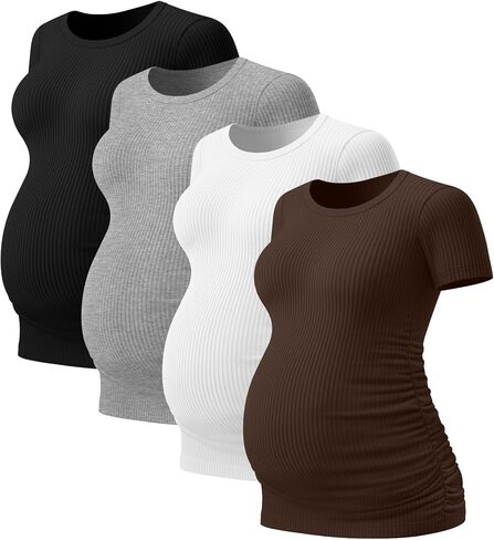 Neer 4 Pack Women's Maternity Cotton T Shirts Short Sleeve Tops Side Ruched Pregnancy Tees Casual Ribbed Mama Clothes in Saudi Arabia