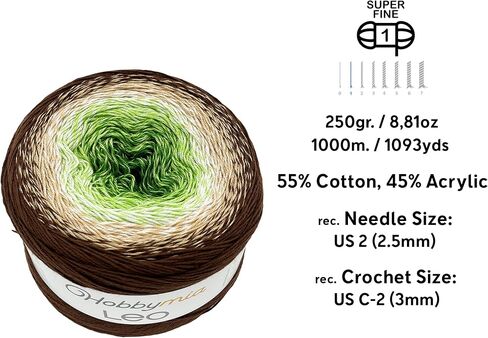 Leo Multicolor Gradient Ombre Yarn Cake for Knitting & Crochet - 250gr / 1094yds - (1) S.Fine, Sock, Fingering Weight Yarn (Orange, Green, Blue, 1 Cake Yarn) in Kuwait