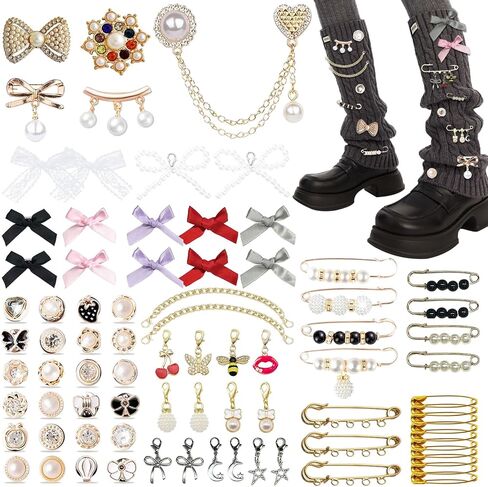 80 PCS Junk Socks Charms Kit ، Pearl Rhinestone Gold Bling Brooch Pins Costom Sock Charms Kit مع أقواس دبابيس الأمان ، وملحقات DIY لتزيين وتخصيص ملابس القبعة (مجموعة واحدة) in Saudi Arabia