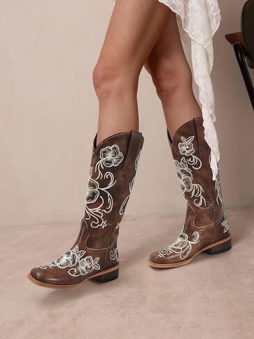 STALOV Cowboy Boots for Women Embroidered Mid Calf Chunky Pull-On Fashion Cowgirl Boot in Saudi Arabia
