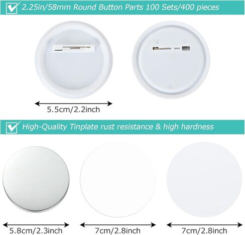 800 Pieces Button Maker Supplies 58mm/2.25 inch Round Badge Button Parts for Button Maker Machine, Includes Blank Pin Back Cover, Metal Cover, Clear Film, Blank Paper in Kuwait