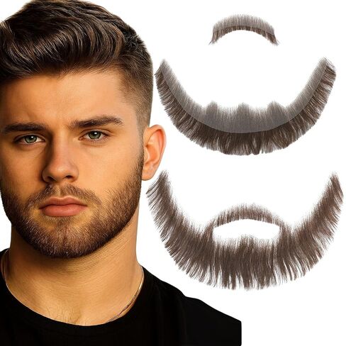 لحية مزيفة متميزة-غوتي واقعية كاملة مع الشارب-للجنسين-الشعر البشري بنسبة 100 ٪ ، مربوطة يدويًا على الدانتيل غير المرئي-لحية الأزياء القابلة لإعادة الاستخدام للتجول ، الهالوين (Brown-2) in Kuwait
