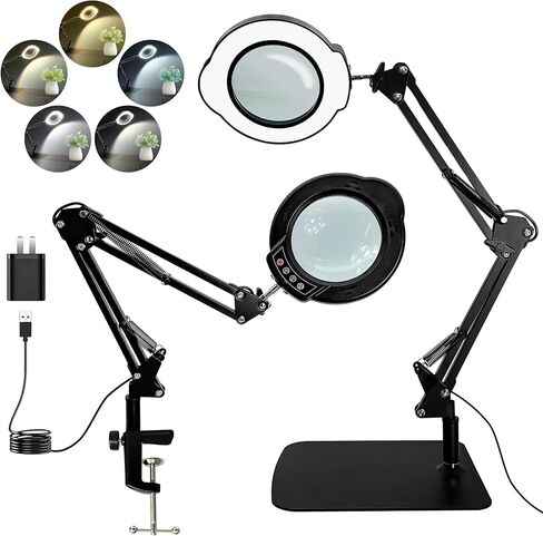 12X Magnifying Glass with Light and Clamp, 84 LEDs 5 Color Modes Stepless Dimmable LED Desk Lamp, Desk Magnifying Glass with Light for Crafts Reading Painting Sewing Repair Close Work in Saudi Arabia