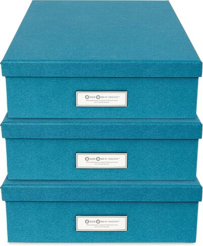 Bigso Oskar Canvas Fiberboard Document Box للأعمال الورقية المهمة A4 أو حجم الحرف - صندوق تذكار متين مع حامل الملصقات المعدنية - 3.3in x 10.2in x 13.8in - Melange Gray - 3 Pack in Kuwait