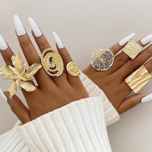 KISS WIFE 13 Pcs Golden Chunky Rings Set for Women, Big Flower Artificial Crystal Baroque Pearl Irregular Stackable Knuckle Rings Pack, Vintage Chunky Jewelry Gift in Saudi Arabia