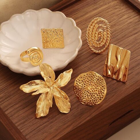 KISS WIFE 13 Pcs Golden Chunky Rings Set for Women, Big Flower Artificial Crystal Baroque Pearl Irregular Stackable Knuckle Rings Pack, Vintage Chunky Jewelry Gift in Saudi Arabia