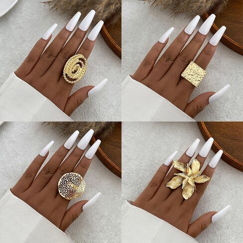 KISS WIFE 13 Pcs Golden Chunky Rings Set for Women, Big Flower Artificial Crystal Baroque Pearl Irregular Stackable Knuckle Rings Pack, Vintage Chunky Jewelry Gift in Saudi Arabia
